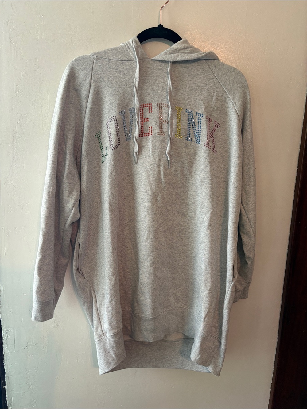 PINK Victoria's Secret Gray 'LOVE PINK' Rhinestone Oversized Hooded Sweatshirt